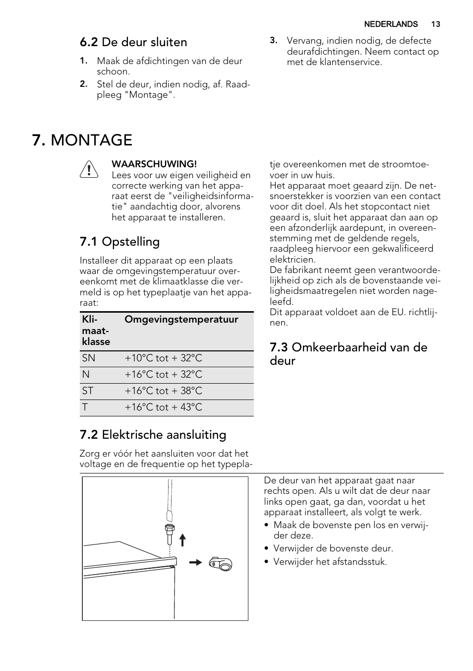 Montage, 2 de deur sluiten, 1 opstelling | 2 elektrische aansluiting, 3 omkeerbaarheid van de deur | AEG SCS41800S0 User Manual | Page 13 / 84