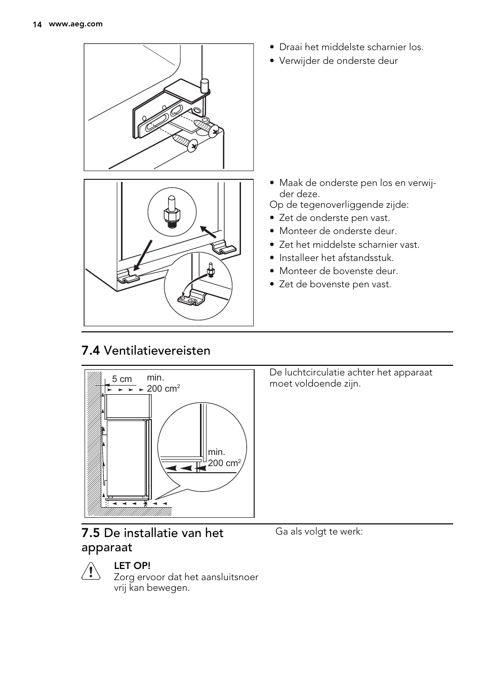 4 ventilatievereisten, 5 de installatie van het apparaat | AEG SCS41800S0 User Manual | Page 14 / 84