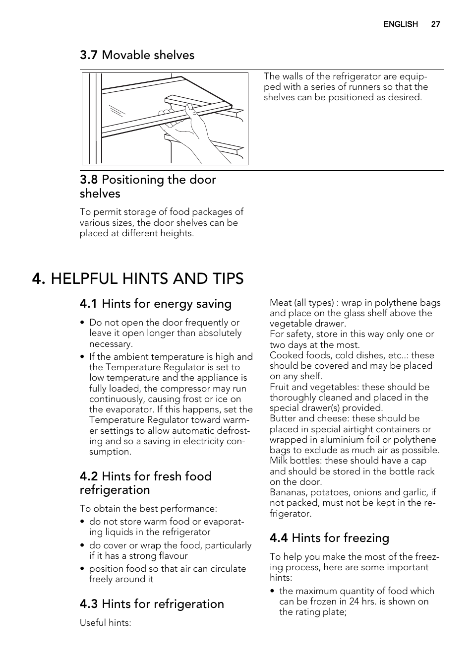 Helpful hints and tips, 7 movable shelves, 8 positioning the door shelves | 1 hints for energy saving, 2 hints for fresh food refrigeration, 3 hints for refrigeration, 4 hints for freezing | AEG SCS41800S0 User Manual | Page 27 / 84
