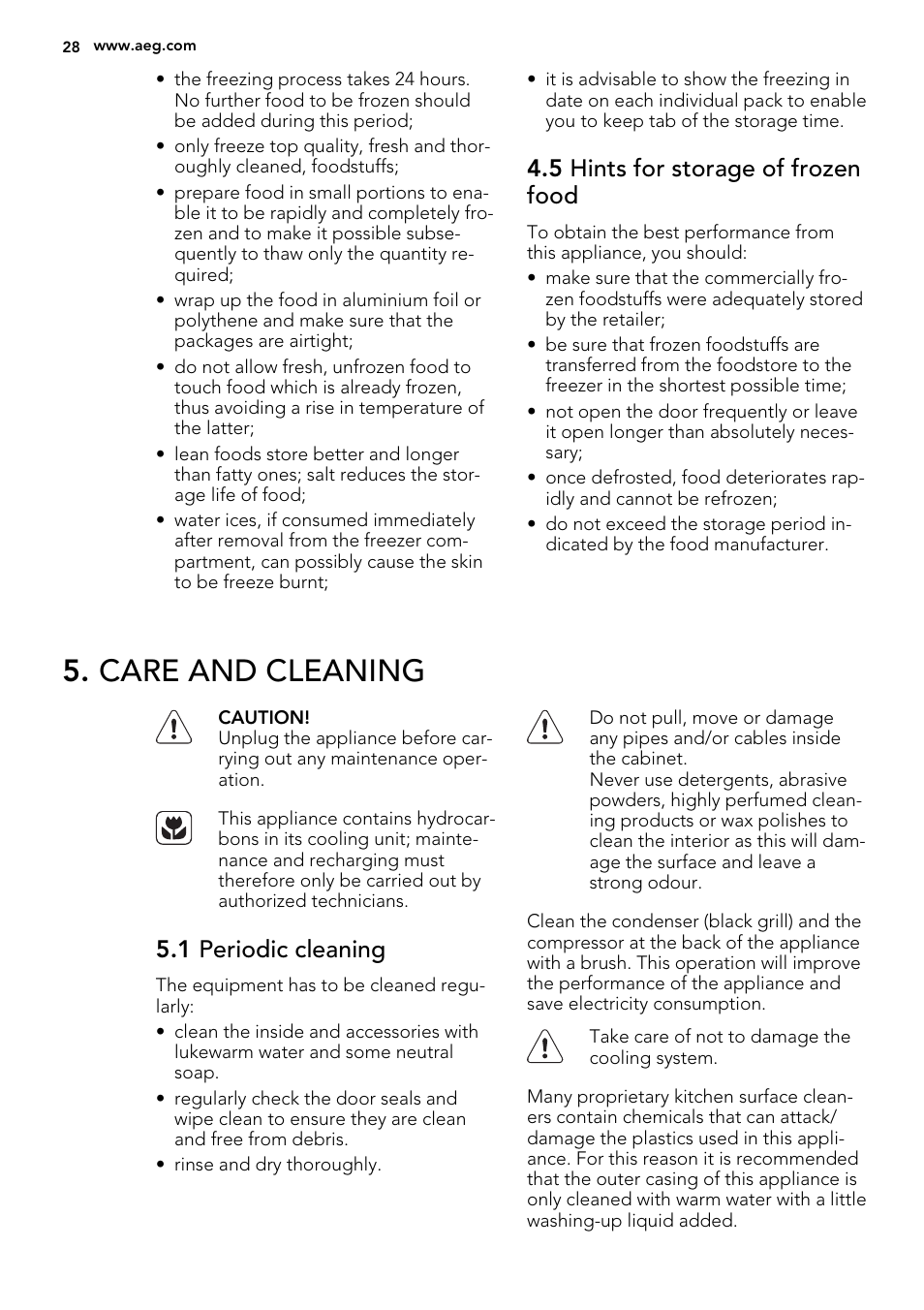 Care and cleaning, 5 hints for storage of frozen food, 1 periodic cleaning | AEG SCS41800S0 User Manual | Page 28 / 84