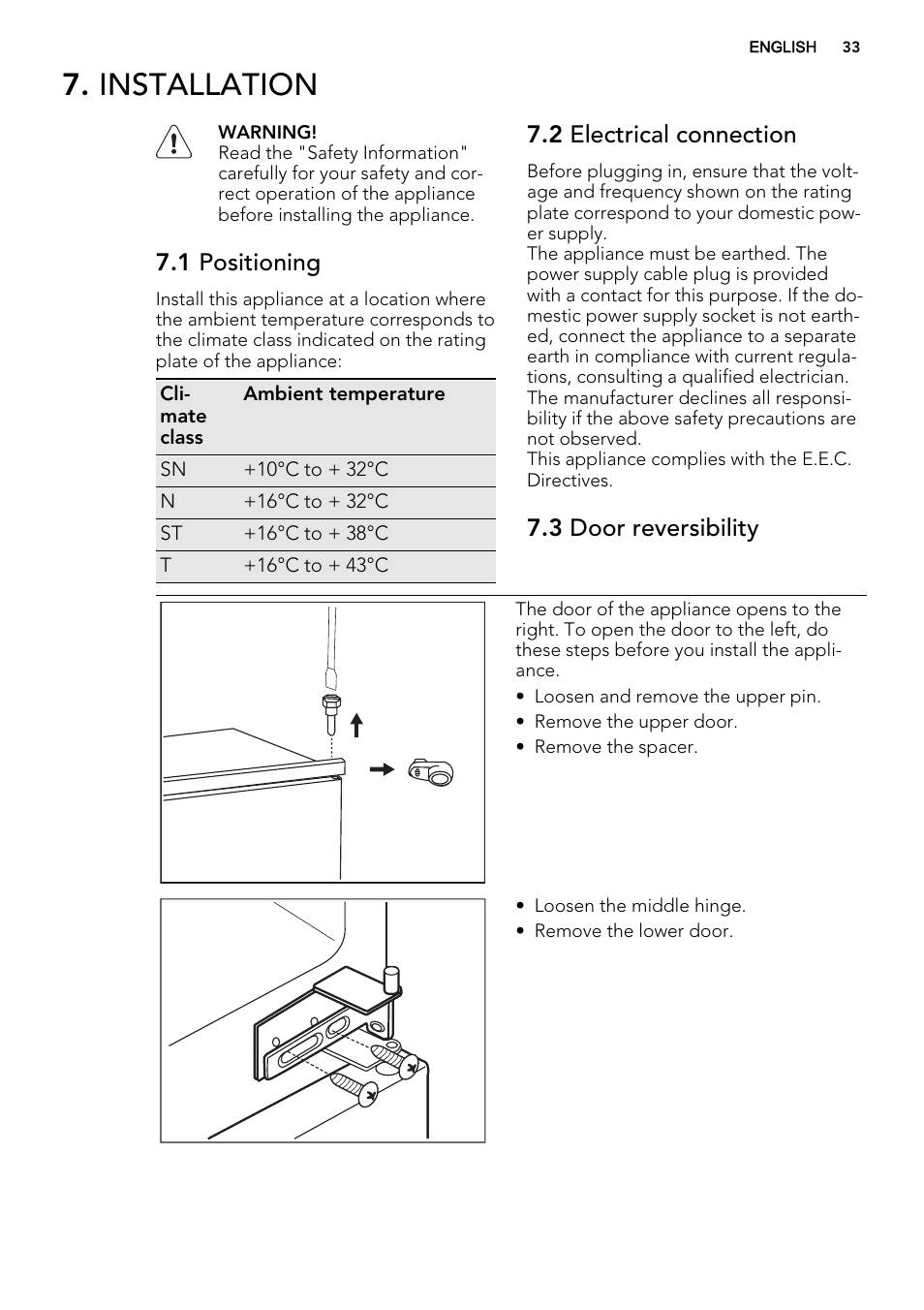 Installation, 1 positioning, 2 electrical connection | 3 door reversibility | AEG SCS41800S0 User Manual | Page 33 / 84