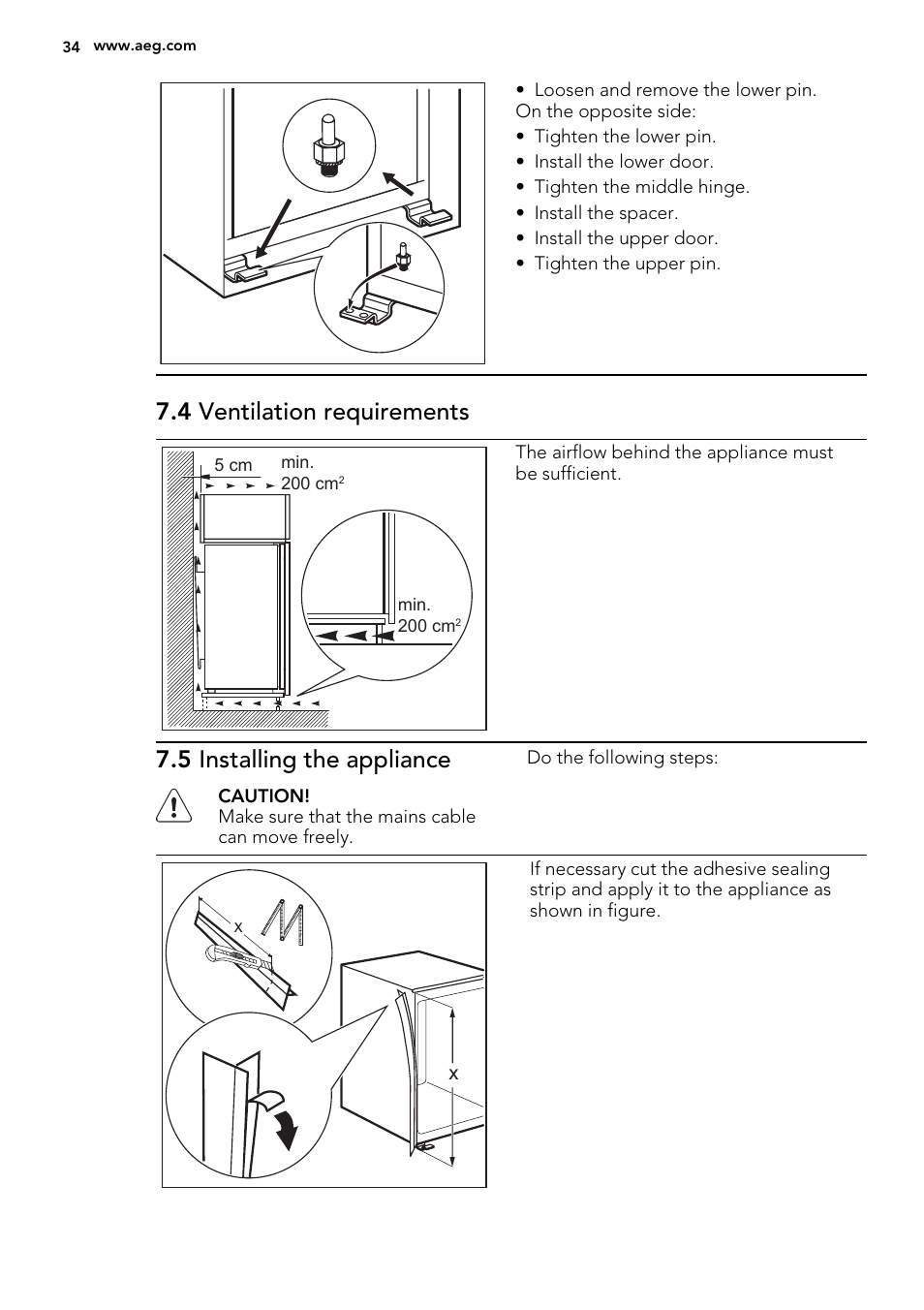 4 ventilation requirements, 5 installing the appliance | AEG SCS41800S0 User Manual | Page 34 / 84
