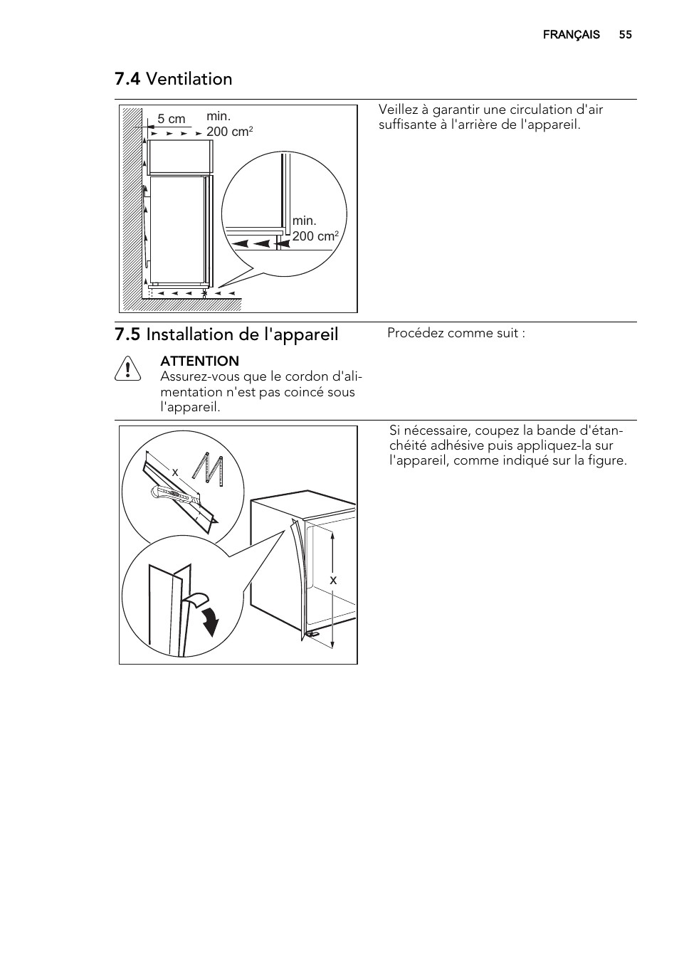 4 ventilation, 5 installation de l'appareil | AEG SCS41800S0 User Manual | Page 55 / 84