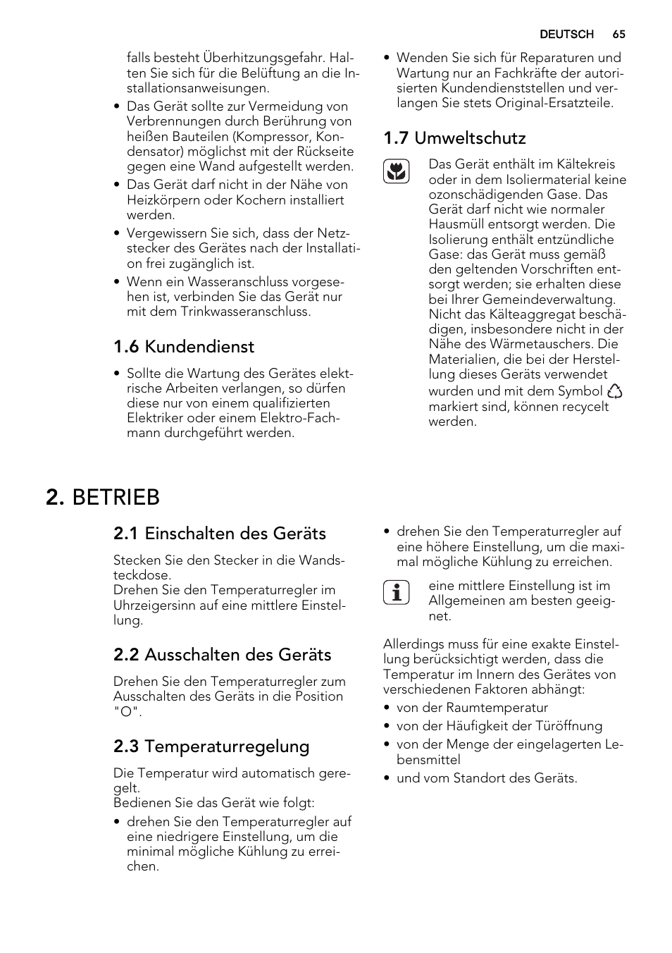 Betrieb, 6 kundendienst, 7 umweltschutz | 1 einschalten des geräts, 2 ausschalten des geräts, 3 temperaturregelung | AEG SCS41800S0 User Manual | Page 65 / 84