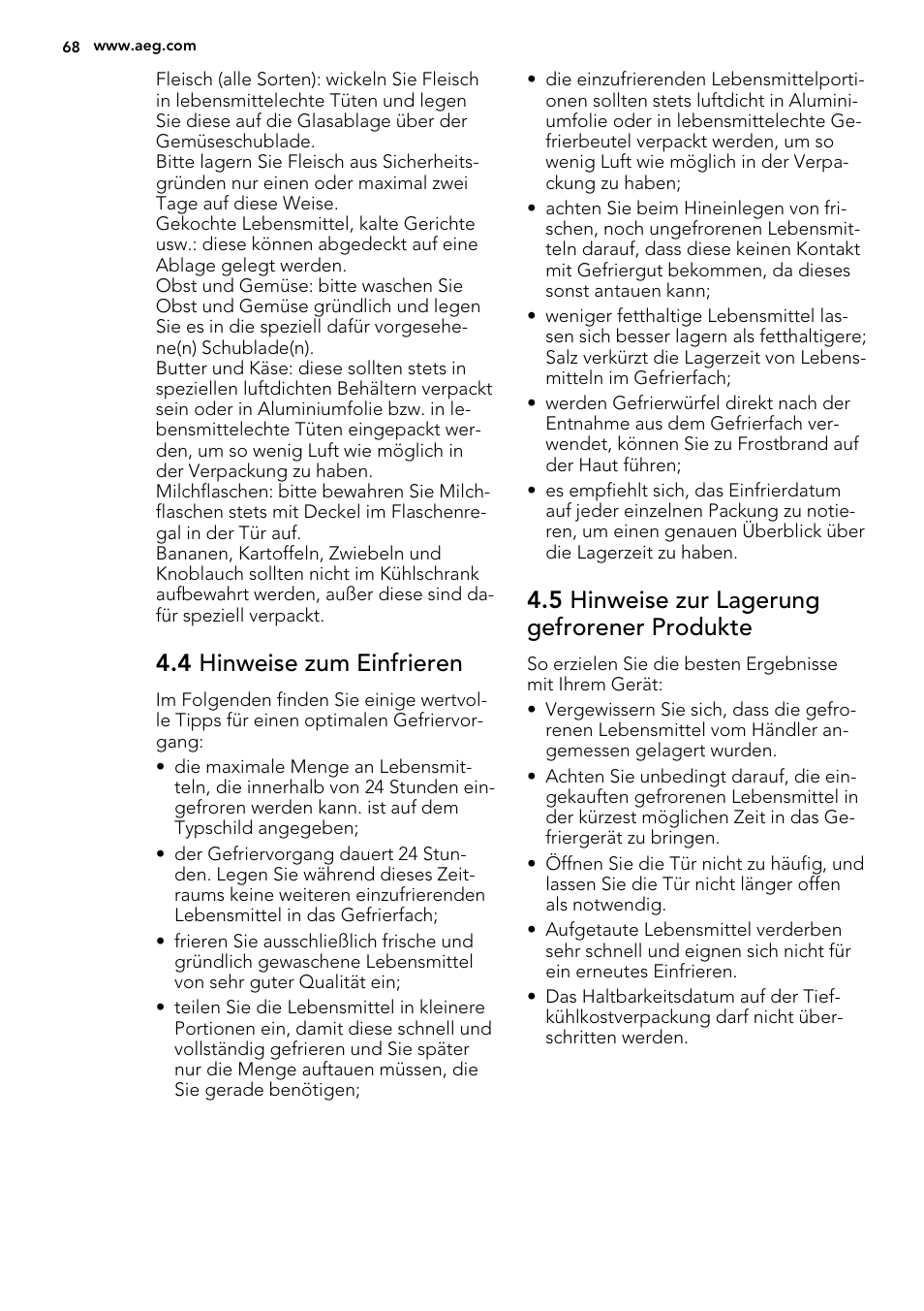 4 hinweise zum einfrieren, 5 hinweise zur lagerung gefrorener produkte | AEG SCS41800S0 User Manual | Page 68 / 84