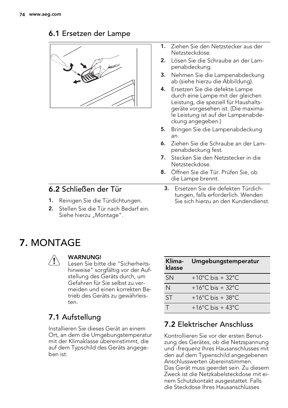 Montage, 1 ersetzen der lampe, 2 schließen der tür | 1 aufstellung, 2 elektrischer anschluss | AEG SCS41800S0 User Manual | Page 74 / 84