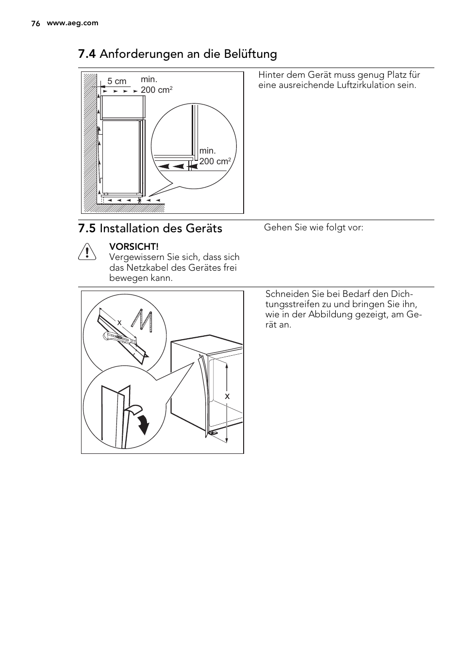 4 anforderungen an die belüftung, 5 installation des geräts | AEG SCS41800S0 User Manual | Page 76 / 84