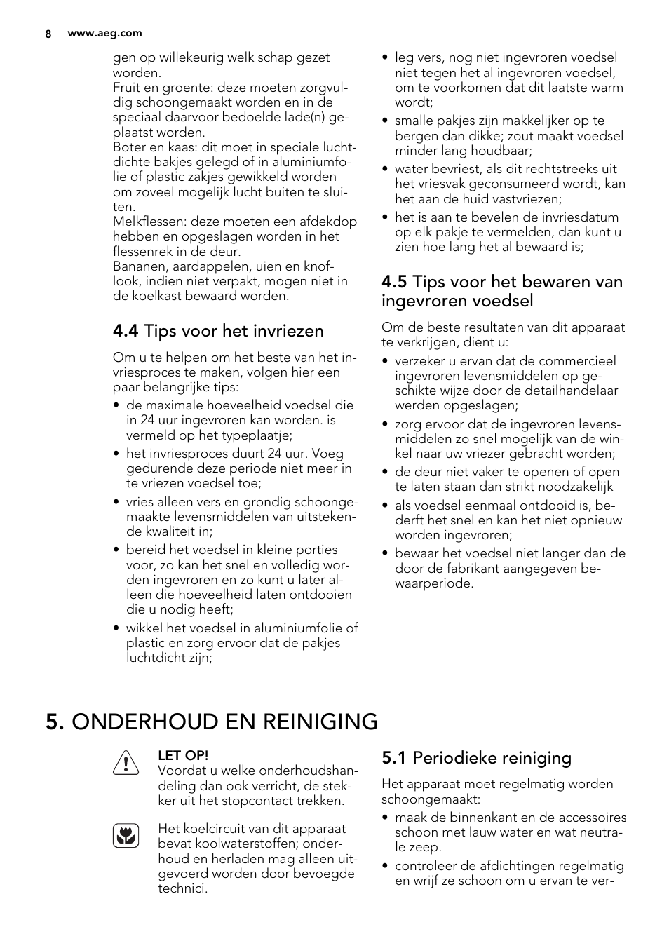 Onderhoud en reiniging, 4 tips voor het invriezen, 5 tips voor het bewaren van ingevroren voedsel | 1 periodieke reiniging | AEG SCS41800S0 User Manual | Page 8 / 84