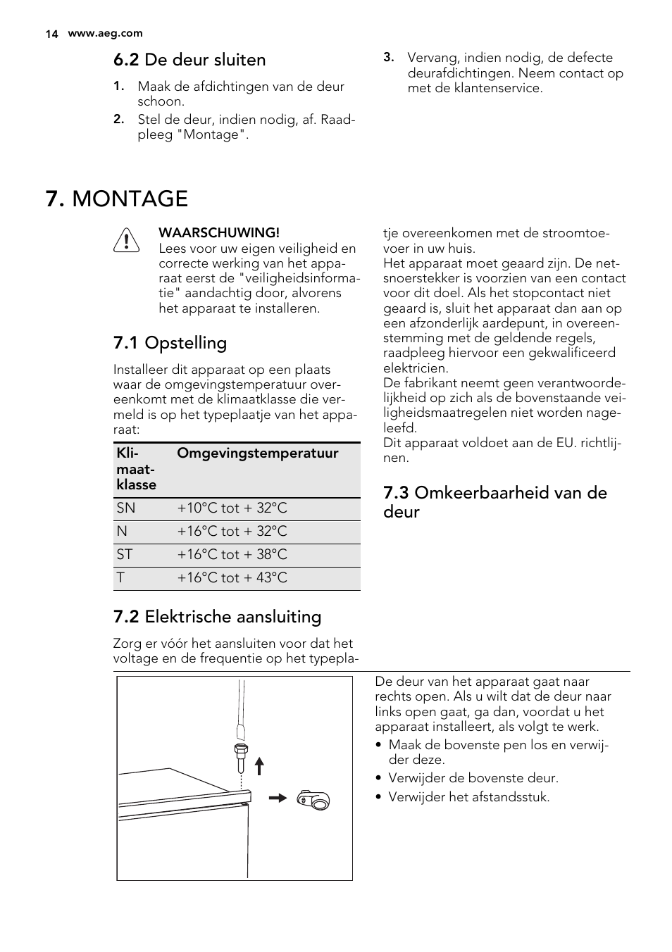 Montage, 2 de deur sluiten, 1 opstelling | 2 elektrische aansluiting, 3 omkeerbaarheid van de deur | AEG SCS51400S1 User Manual | Page 14 / 92