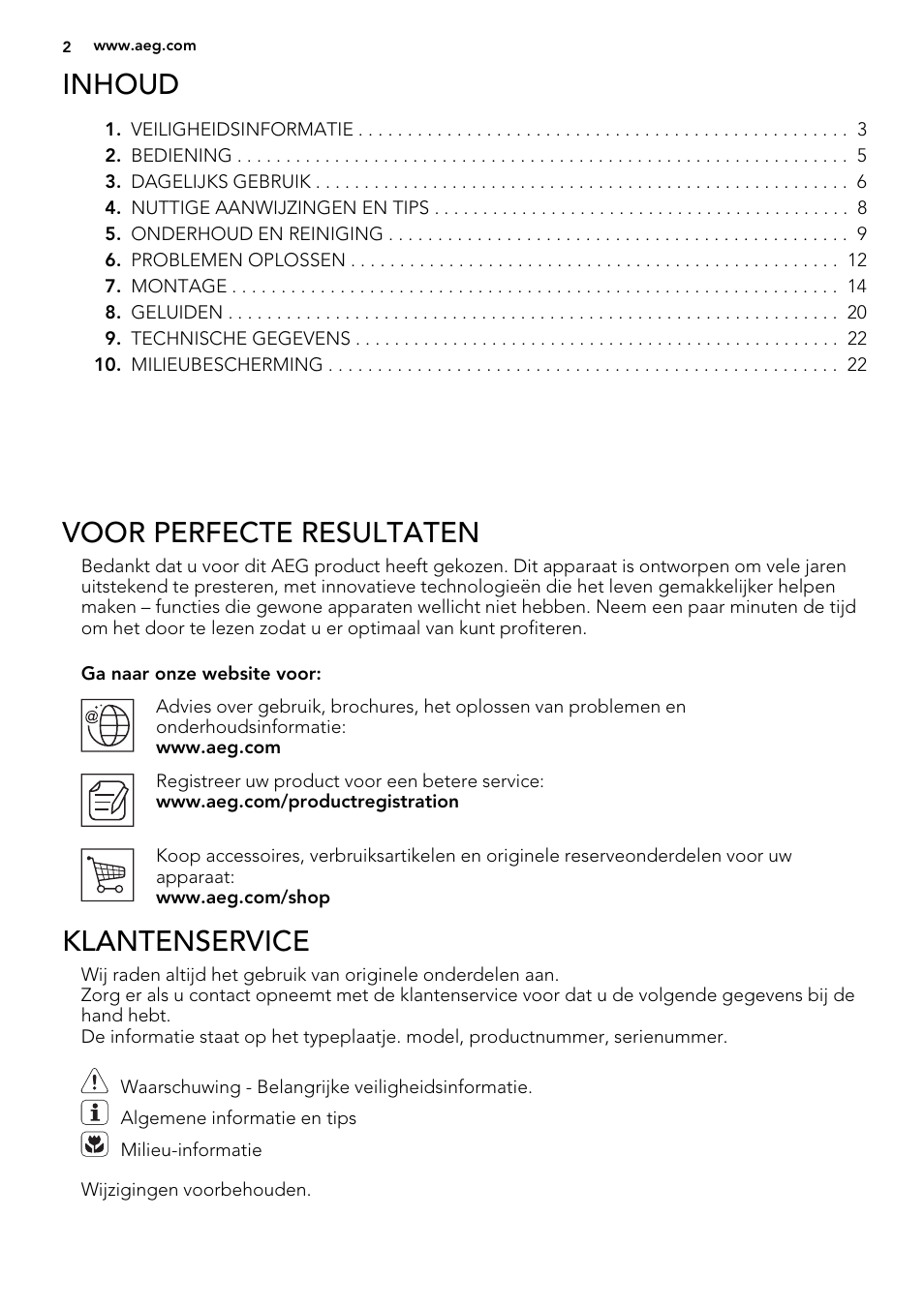 Inhoud, Voor perfecte resultaten, Klantenservice | AEG SCS51400S1 User Manual | Page 2 / 92
