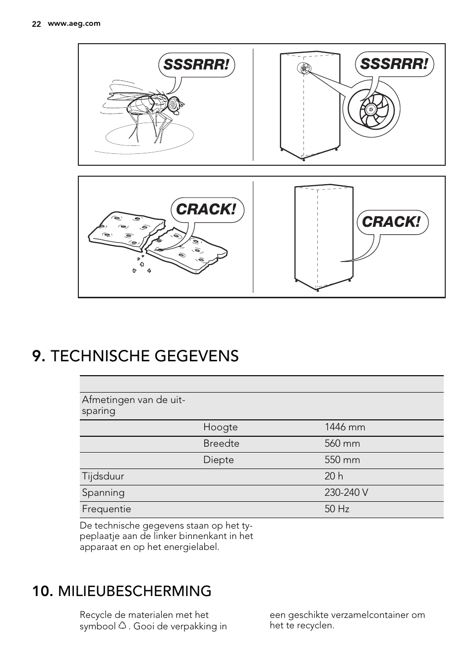 Technische gegevens, Sssrrr, Crack | Milieubescherming | AEG SCS51400S1 User Manual | Page 22 / 92