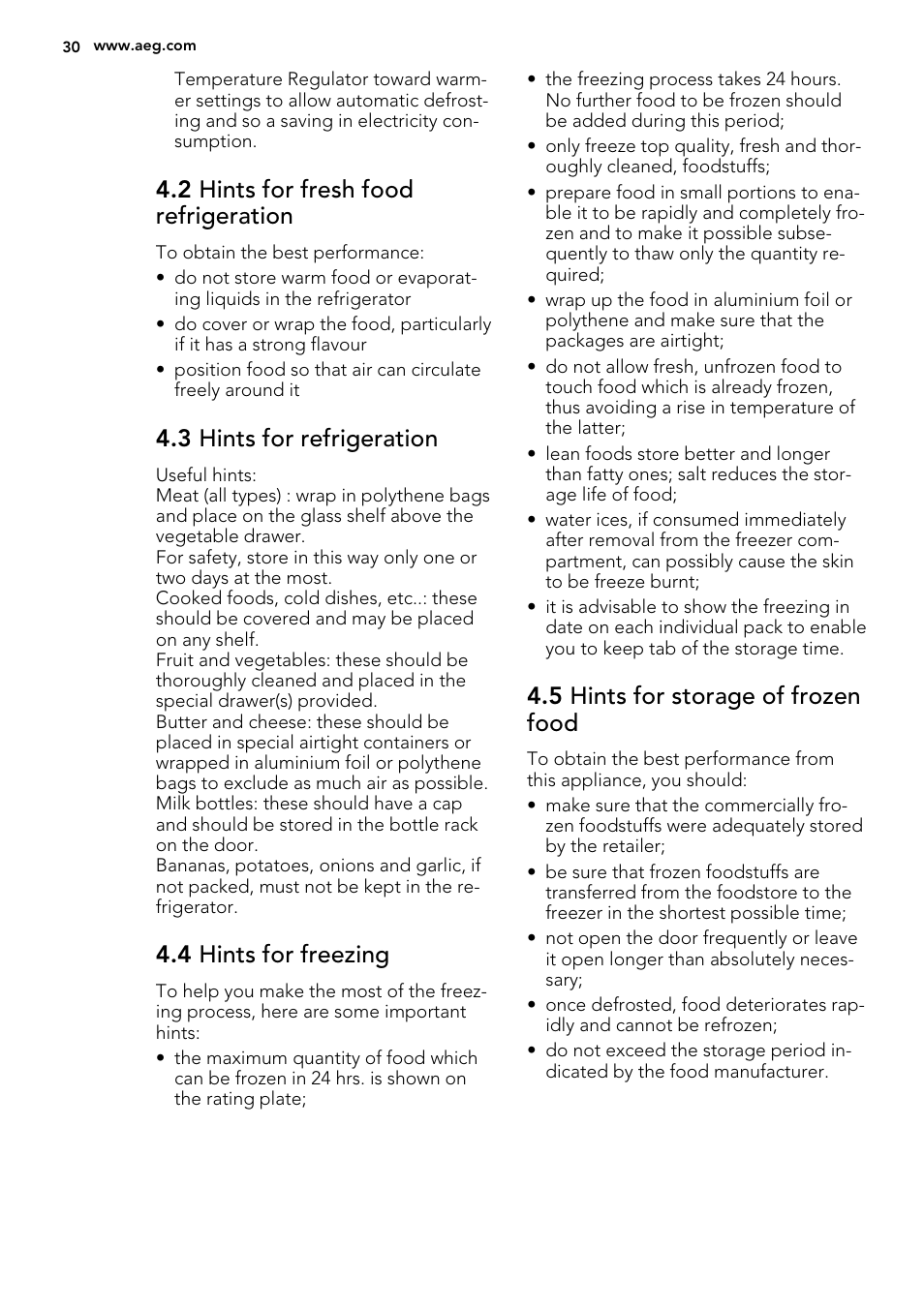 2 hints for fresh food refrigeration, 3 hints for refrigeration, 4 hints for freezing | 5 hints for storage of frozen food | AEG SCS51400S1 User Manual | Page 30 / 92