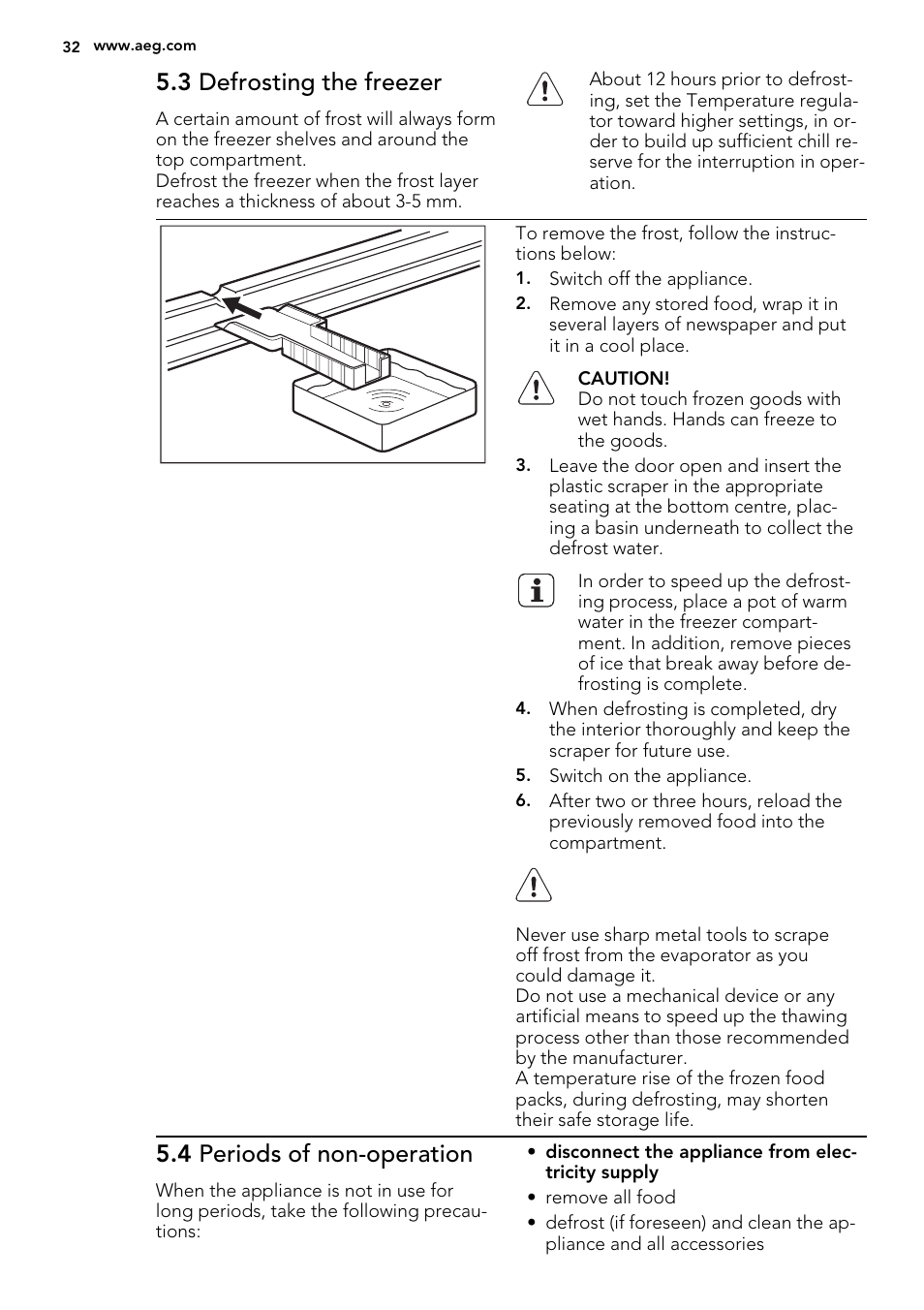 3 defrosting the freezer, 4 periods of non-operation | AEG SCS51400S1 User Manual | Page 32 / 92