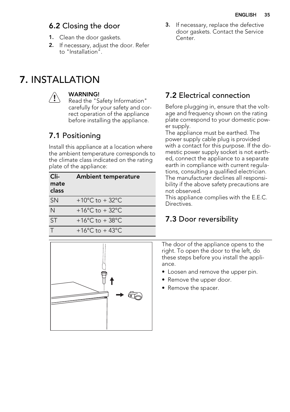 Installation, 2 closing the door, 1 positioning | 2 electrical connection, 3 door reversibility | AEG SCS51400S1 User Manual | Page 35 / 92