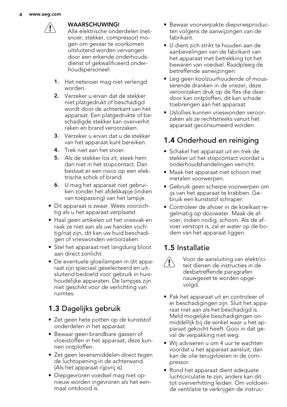 3 dagelijks gebruik, 4 onderhoud en reiniging, 5 installatie | AEG SCS51400S1 User Manual | Page 4 / 92