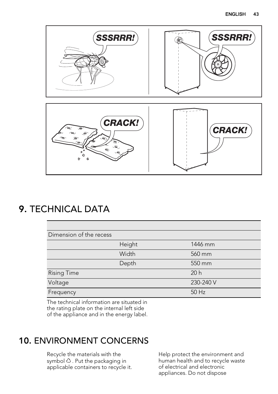 Technical data, Sssrrr, Crack | Environment concerns | AEG SCS51400S1 User Manual | Page 43 / 92