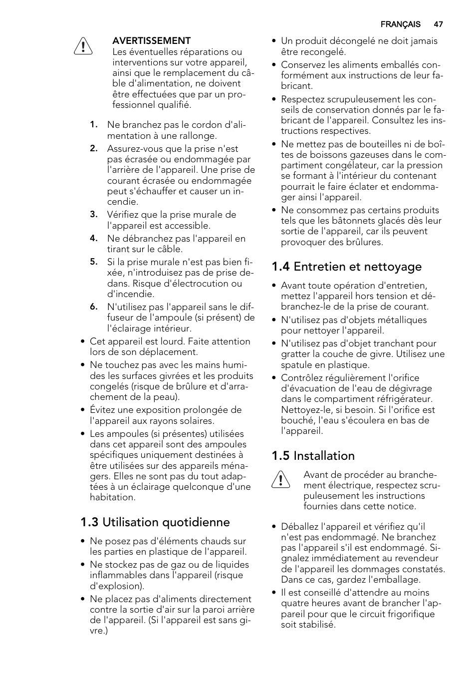 3 utilisation quotidienne, 4 entretien et nettoyage, 5 installation | AEG SCS51400S1 User Manual | Page 47 / 92