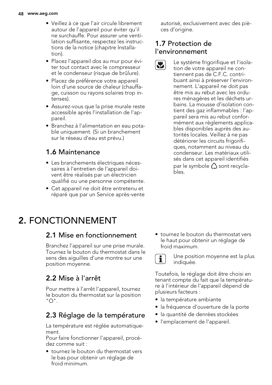 Fonctionnement, 6 maintenance, 7 protection de l'environnement | 1 mise en fonctionnement, 2 mise à l'arrêt, 3 réglage de la température | AEG SCS51400S1 User Manual | Page 48 / 92