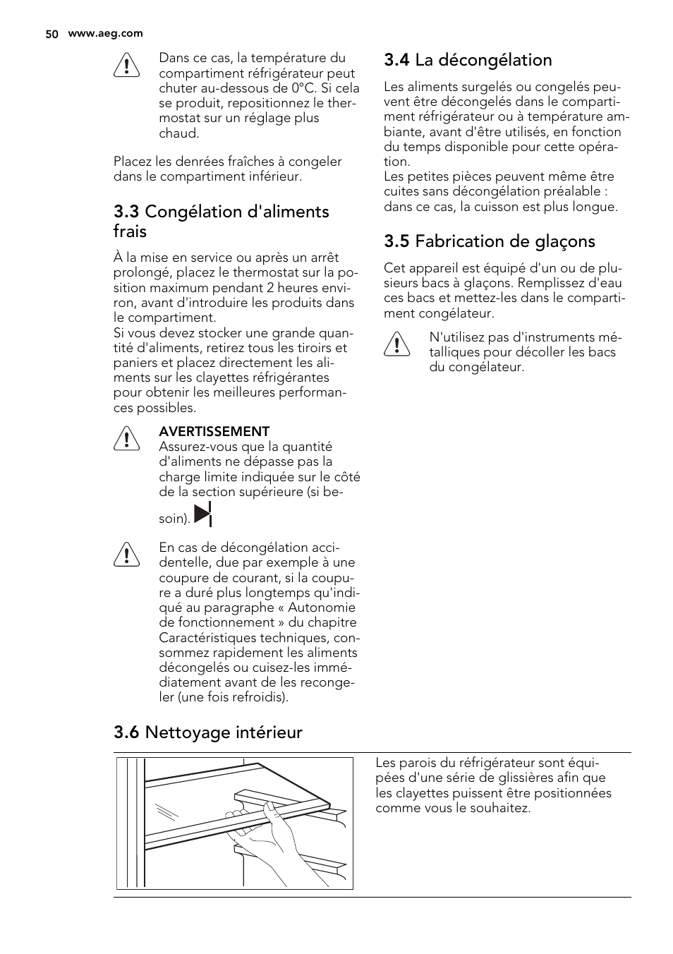 3 congélation d'aliments frais, 4 la décongélation, 5 fabrication de glaçons | 6 nettoyage intérieur | AEG SCS51400S1 User Manual | Page 50 / 92