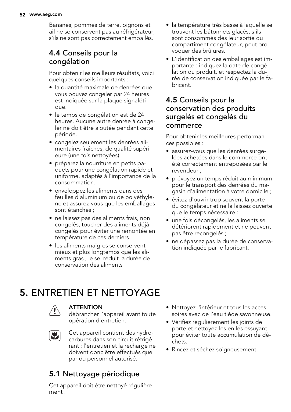 Entretien et nettoyage, 4 conseils pour la congélation, 1 nettoyage périodique | AEG SCS51400S1 User Manual | Page 52 / 92