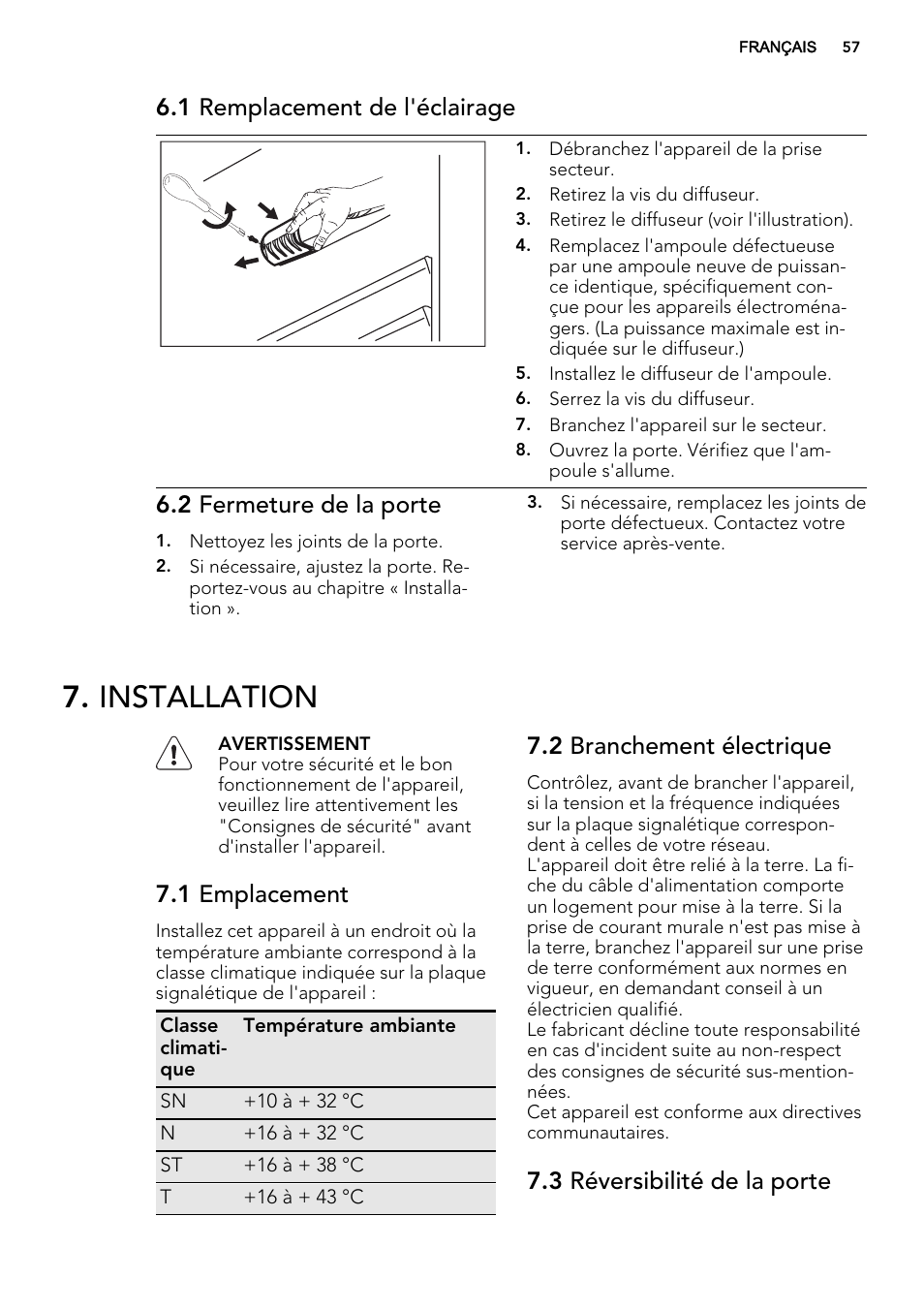Installation, 1 remplacement de l'éclairage, 2 fermeture de la porte | 1 emplacement, 2 branchement électrique, 3 réversibilité de la porte | AEG SCS51400S1 User Manual | Page 57 / 92