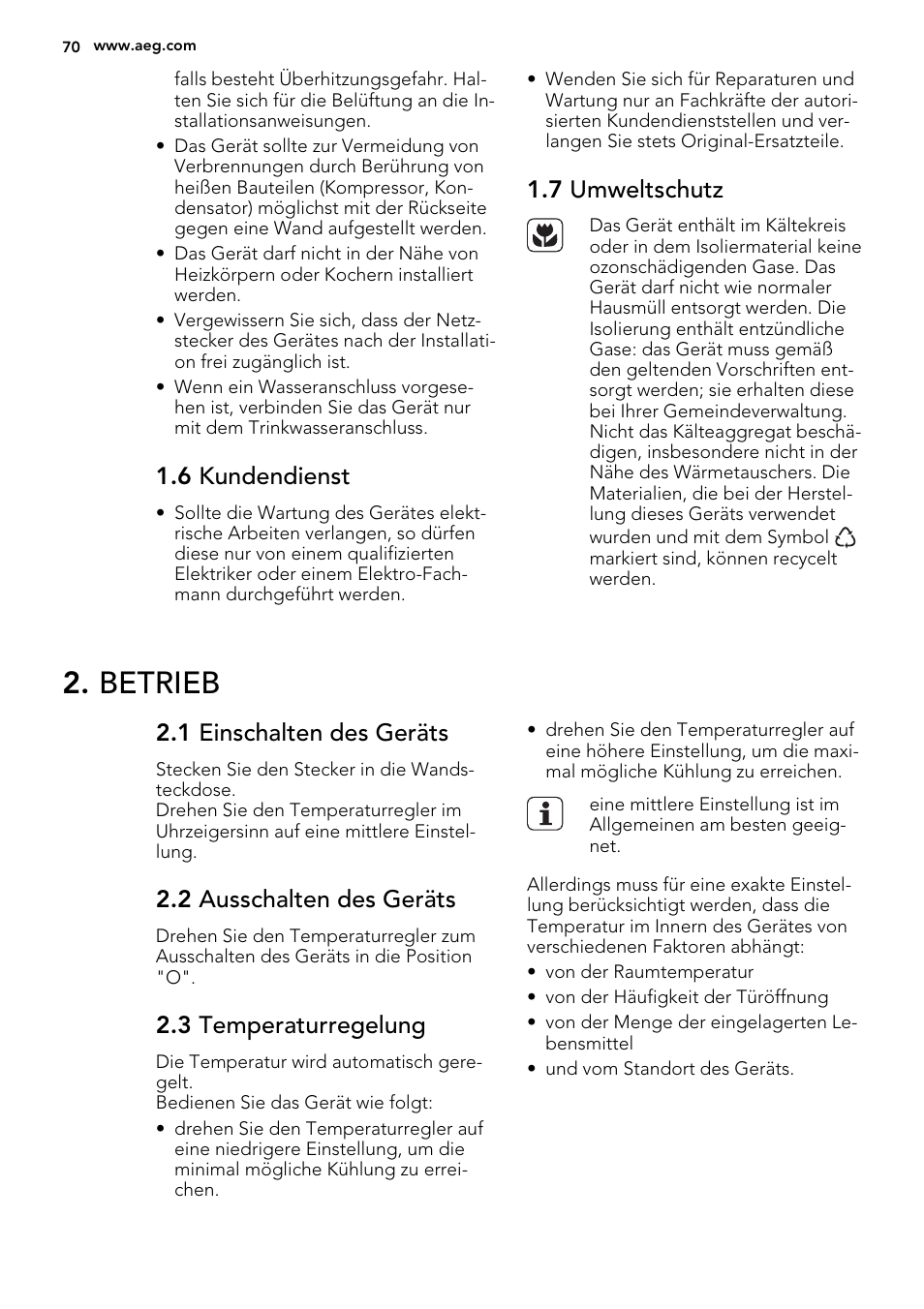 Betrieb, 6 kundendienst, 7 umweltschutz | 1 einschalten des geräts, 2 ausschalten des geräts, 3 temperaturregelung | AEG SCS51400S1 User Manual | Page 70 / 92