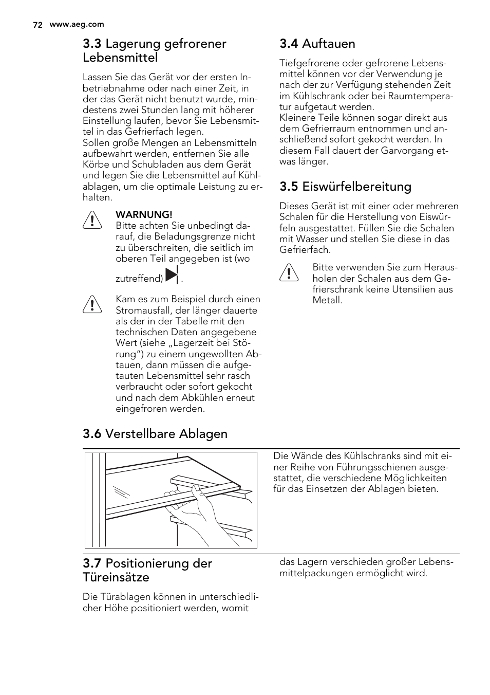 3 lagerung gefrorener lebensmittel, 4 auftauen, 5 eiswürfelbereitung | 6 verstellbare ablagen, 7 positionierung der türeinsätze | AEG SCS51400S1 User Manual | Page 72 / 92