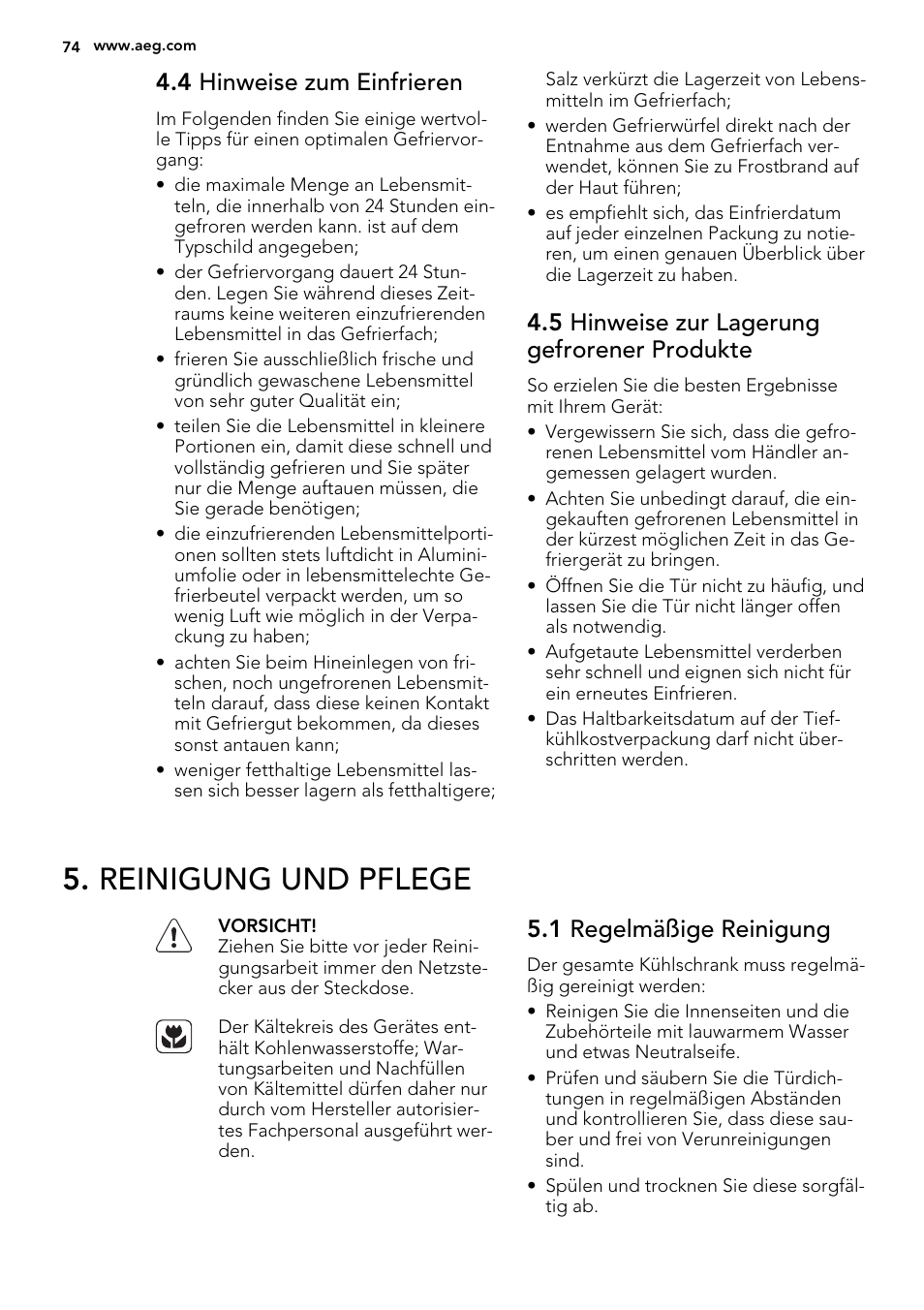 Reinigung und pflege, 4 hinweise zum einfrieren, 5 hinweise zur lagerung gefrorener produkte | 1 regelmäßige reinigung | AEG SCS51400S1 User Manual | Page 74 / 92