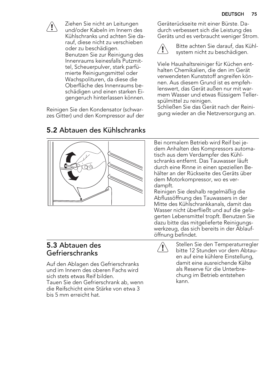 2 abtauen des kühlschranks, 3 abtauen des gefrierschranks | AEG SCS51400S1 User Manual | Page 75 / 92