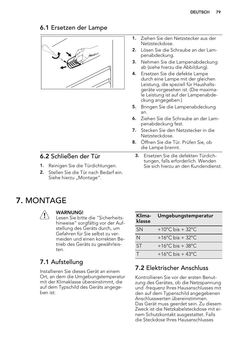 Montage, 1 ersetzen der lampe, 2 schließen der tür | 1 aufstellung, 2 elektrischer anschluss | AEG SCS51400S1 User Manual | Page 79 / 92