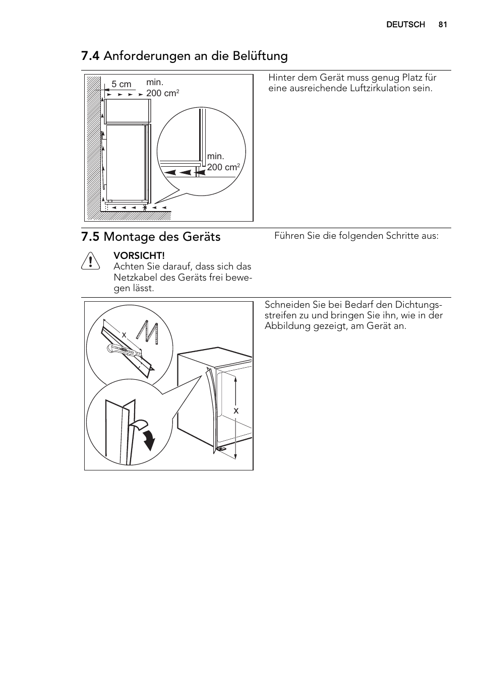 4 anforderungen an die belüftung, 5 montage des geräts | AEG SCS51400S1 User Manual | Page 81 / 92