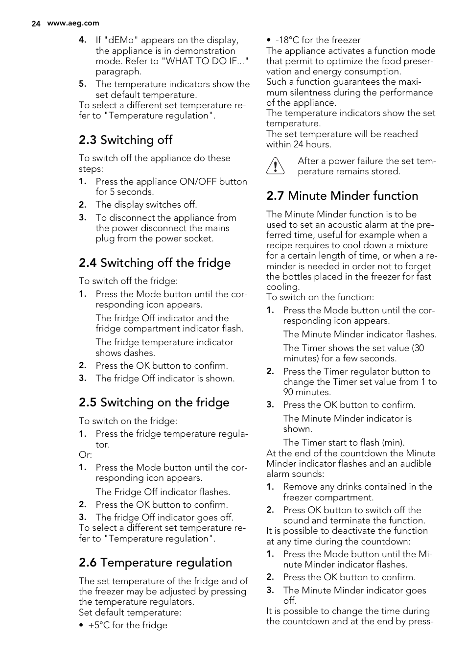 3 switching off, 4 switching off the fridge, 5 switching on the fridge | 6 temperature regulation, 7 minute minder function | AEG SCS81800F0 User Manual | Page 24 / 76