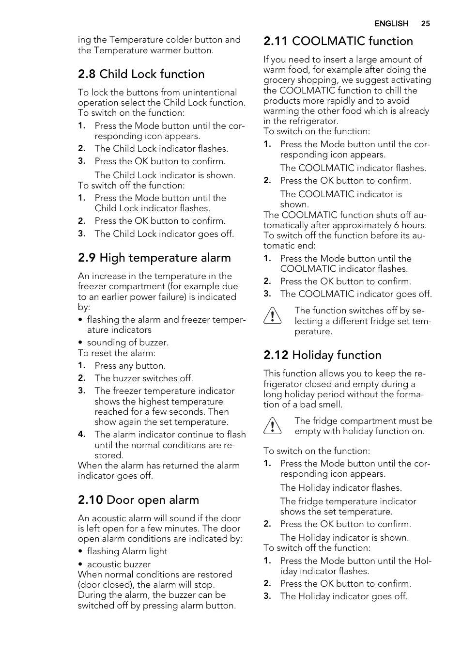 8 child lock function, 9 high temperature alarm, 10 door open alarm | 11 coolmatic function, 12 holiday function | AEG SCS81800F0 User Manual | Page 25 / 76