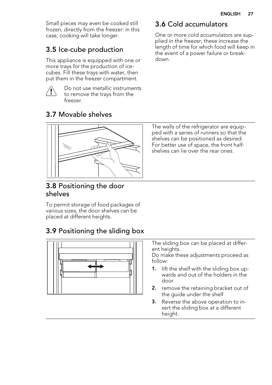 5 ice-cube production, 6 cold accumulators, 7 movable shelves | 8 positioning the door shelves, 9 positioning the sliding box | AEG SCS81800F0 User Manual | Page 27 / 76