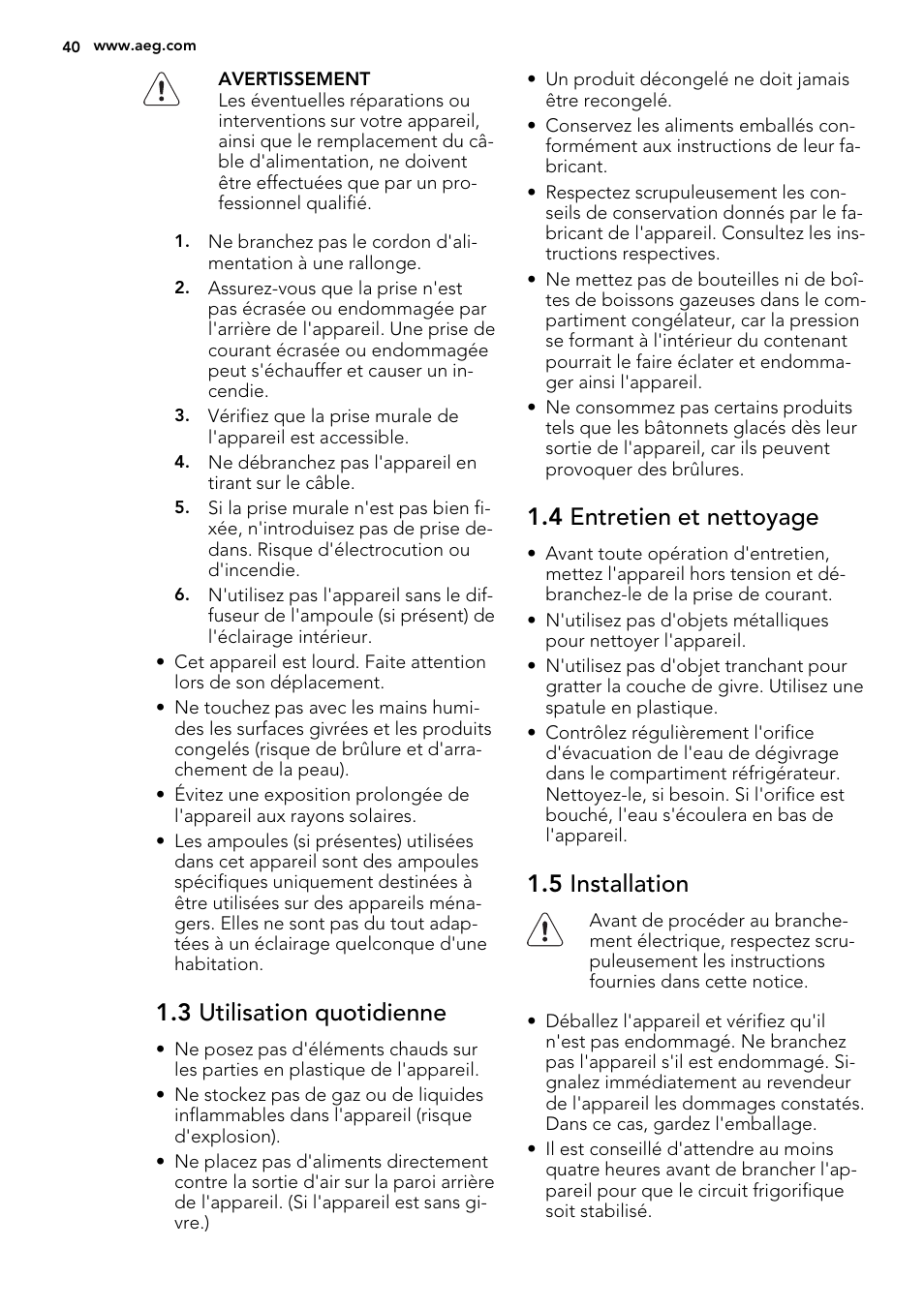 3 utilisation quotidienne, 4 entretien et nettoyage, 5 installation | AEG SCS81800F0 User Manual | Page 40 / 76