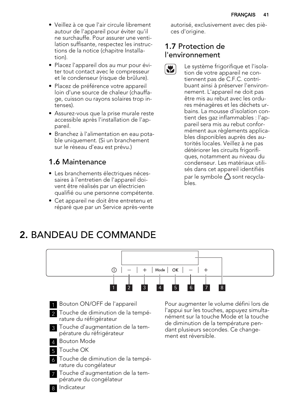 Bandeau de commande, 6 maintenance, 7 protection de l'environnement | AEG SCS81800F0 User Manual | Page 41 / 76