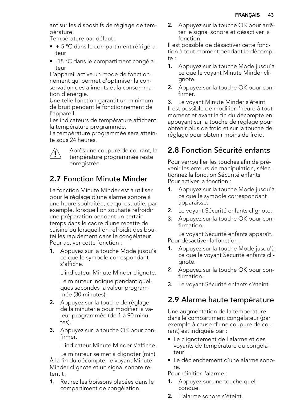 7 fonction minute minder, 8 fonction sécurité enfants, 9 alarme haute température | AEG SCS81800F0 User Manual | Page 43 / 76