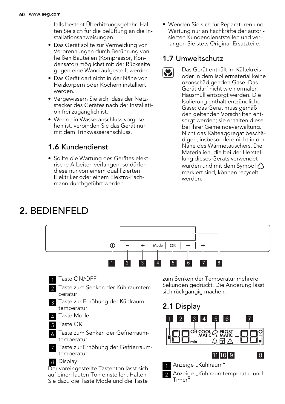 Bedienfeld, 6 kundendienst, 7 umweltschutz | 1 display | AEG SCS81800F0 User Manual | Page 60 / 76