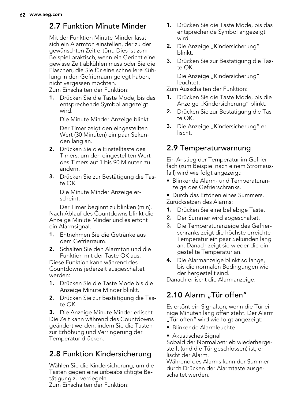 7 funktion minute minder, 8 funktion kindersicherung, 9 temperaturwarnung | 10 alarm „tür offen | AEG SCS81800F0 User Manual | Page 62 / 76