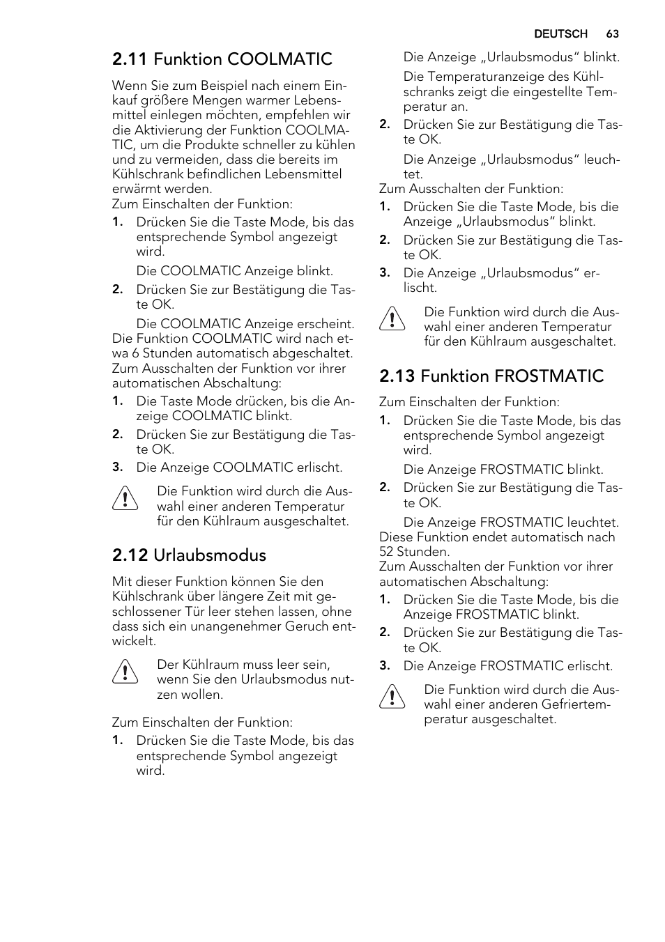 11 funktion coolmatic, 12 urlaubsmodus, 13 funktion frostmatic | AEG SCS81800F0 User Manual | Page 63 / 76
