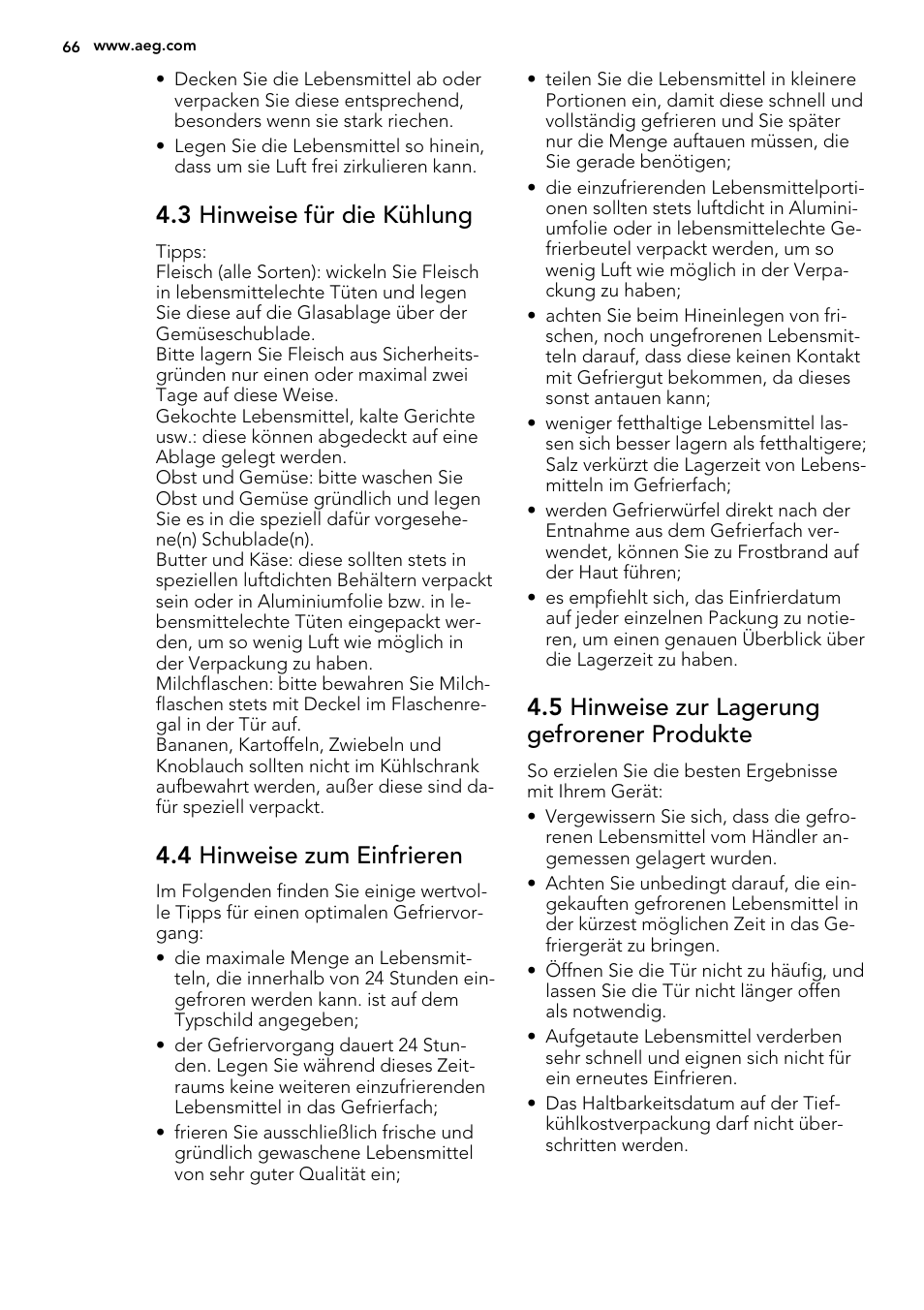 3 hinweise für die kühlung, 4 hinweise zum einfrieren, 5 hinweise zur lagerung gefrorener produkte | AEG SCS81800F0 User Manual | Page 66 / 76
