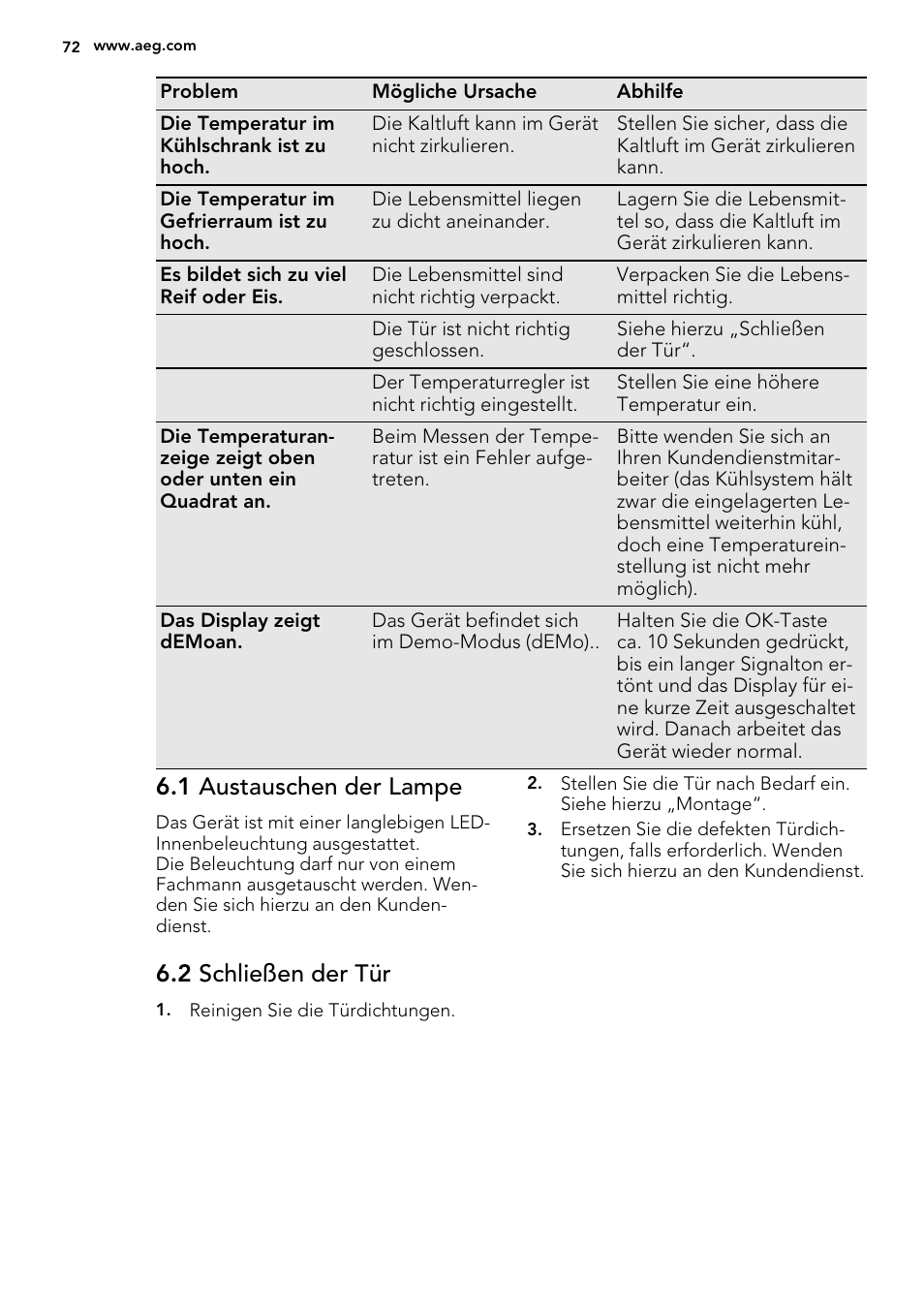 1 austauschen der lampe, 2 schließen der tür | AEG SCS81800F0 User Manual | Page 72 / 76