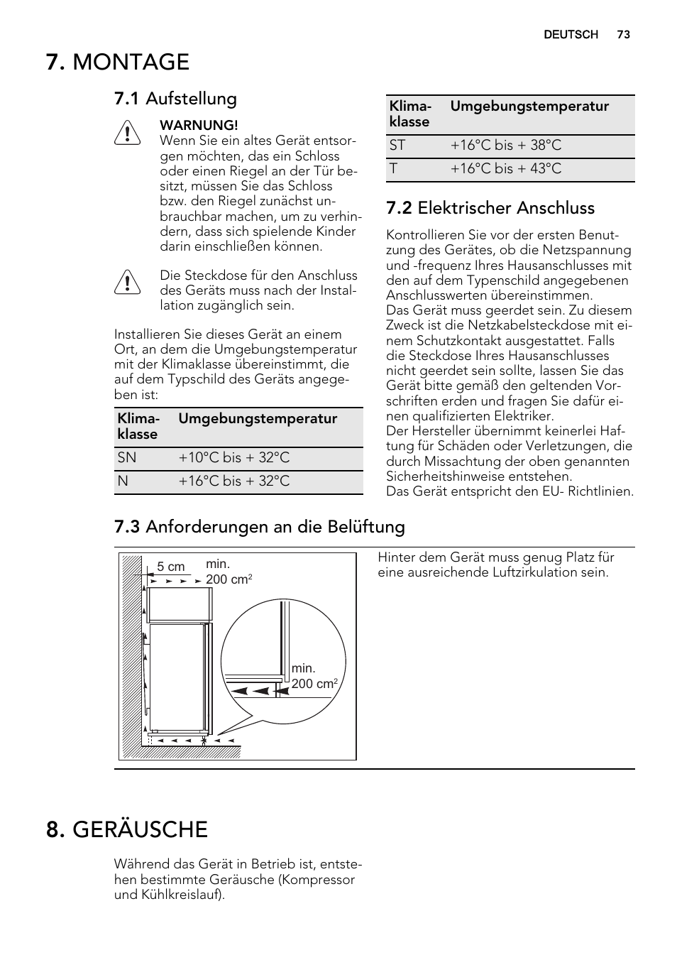 Montage, Geräusche, 1 aufstellung | 2 elektrischer anschluss, 3 anforderungen an die belüftung | AEG SCS81800F0 User Manual | Page 73 / 76