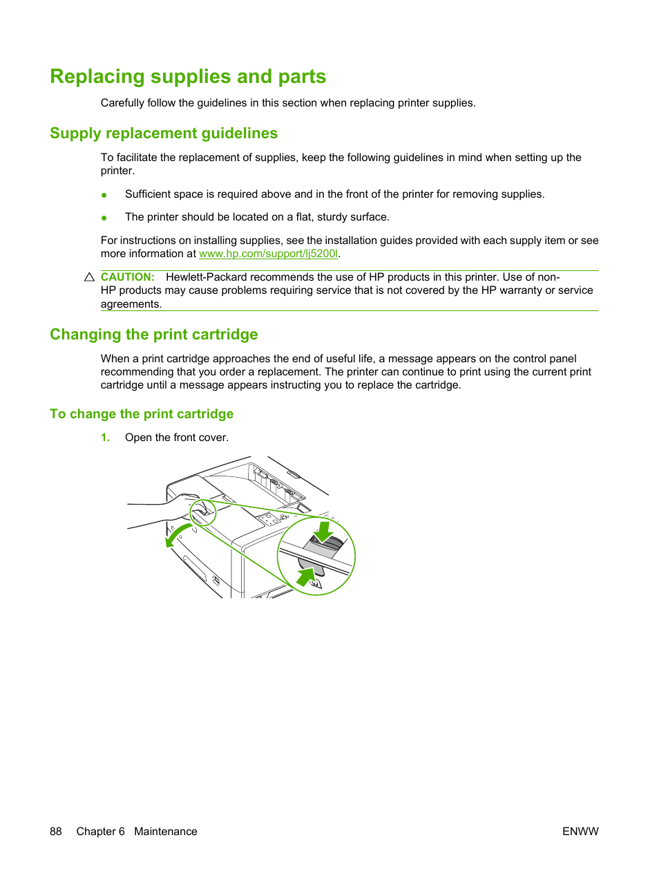 Replacing supplies and parts, Supply replacement guidelines, Changing the print cartridge | To change the print cartridge | HP LaserJet 5200 Printer series User Manual | Page 100 / 212
