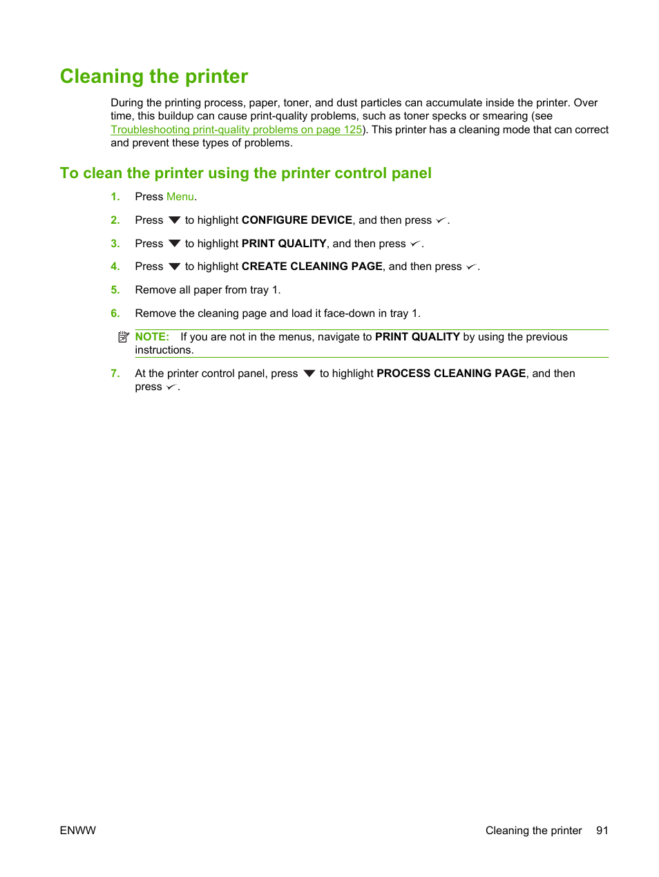 Cleaning the printer | HP LaserJet 5200 Printer series User Manual | Page 103 / 212