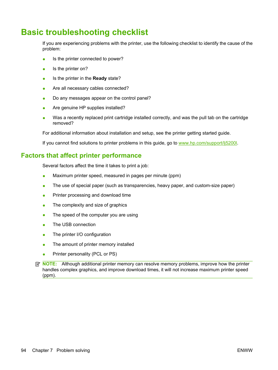 Basic troubleshooting checklist, Factors that affect printer performance | HP LaserJet 5200 Printer series User Manual | Page 106 / 212