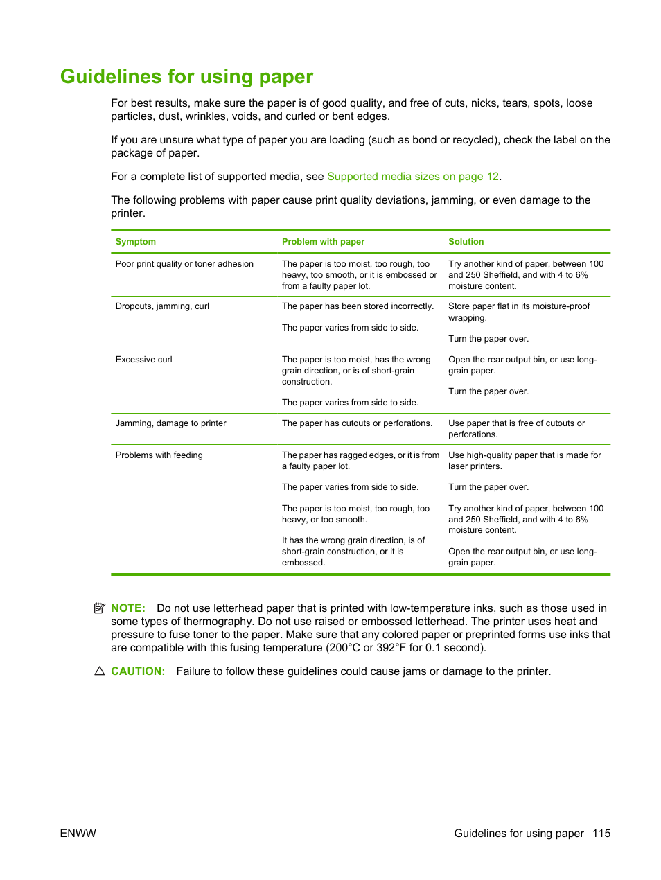 Guidelines for using paper | HP LaserJet 5200 Printer series User Manual | Page 127 / 212