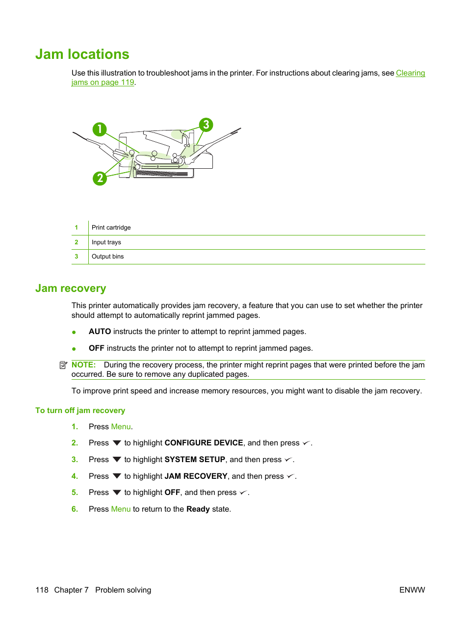 Jam locations, Jam recovery | HP LaserJet 5200 Printer series User Manual | Page 130 / 212