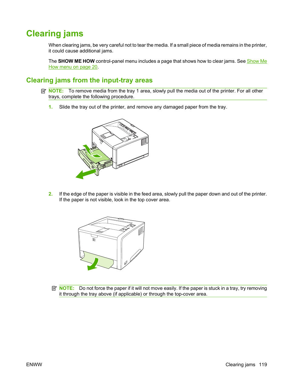 Clearing jams, Clearing jams from the input-tray areas | HP LaserJet 5200 Printer series User Manual | Page 131 / 212