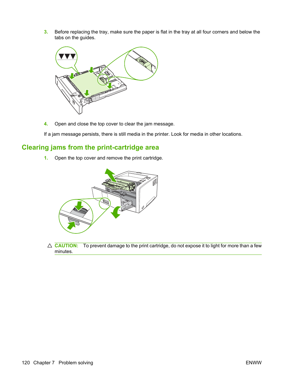 Clearing jams from the print-cartridge area, Clearing jams from the print-cartridge | HP LaserJet 5200 Printer series User Manual | Page 132 / 212